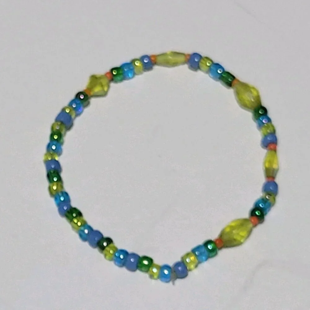 Beaded Stretch Bracelet Blue Green Orange Dainty Delicate Beautiful